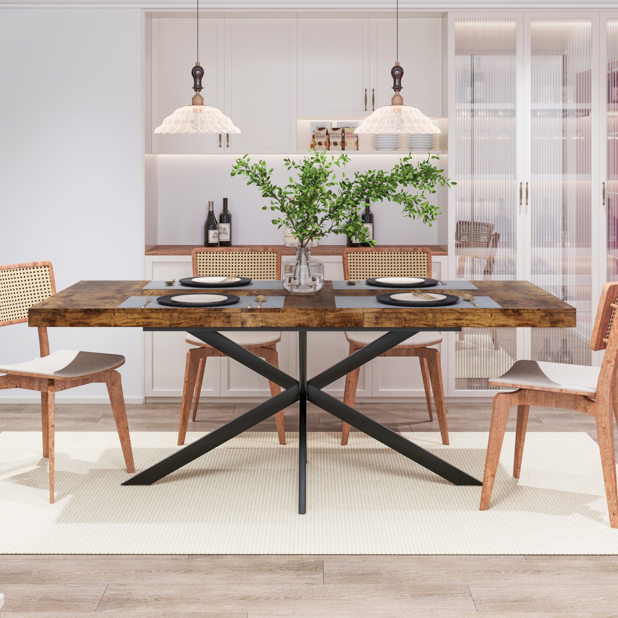 BSHTI 55.11"-70.86" MDF Extendable Rectangular Dining Table with Metal Base and Storage Box for Kitchen/Dining Room（Brown）