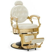 BarberPub Heavy Duty Barber Chair with Headrest, All Purpose Antique Hydraulic Reclining Salon Chair, White with Gold Frame