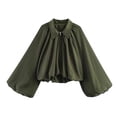 thumbnail image 2 of Lutiedan Cropped Zip Up Jacket for Women Lapel Puff Long Sleeve Pleated Coat Casual Baggy Trendy Colid Color Outerwear,Army Green,S, 2 of 6