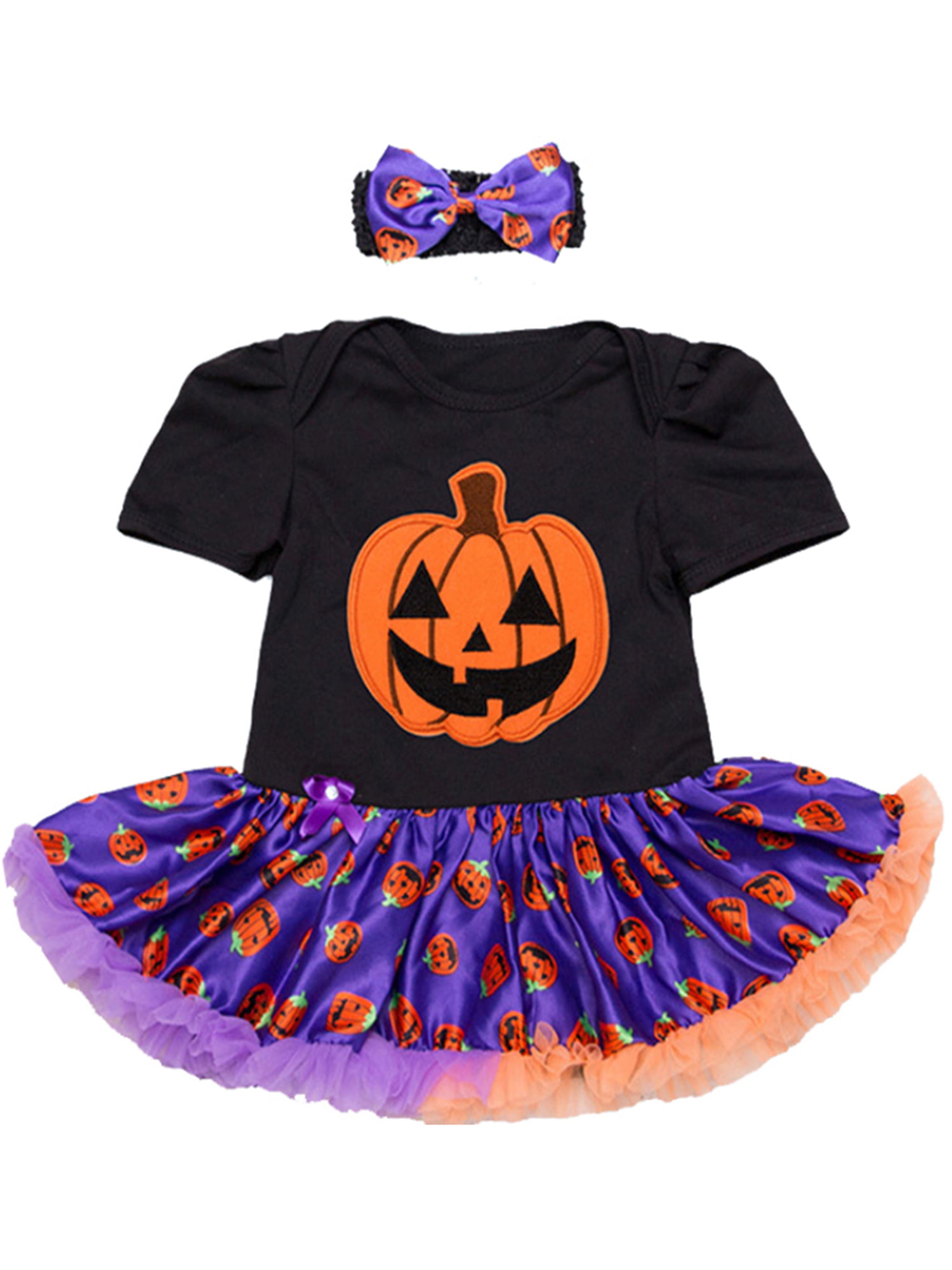 3Pcs Newborn Toddler Baby Girl My 1st Halloween Clothes Outfits Pleated Skirt Pumpkin Print Suspender Romper with Headband 