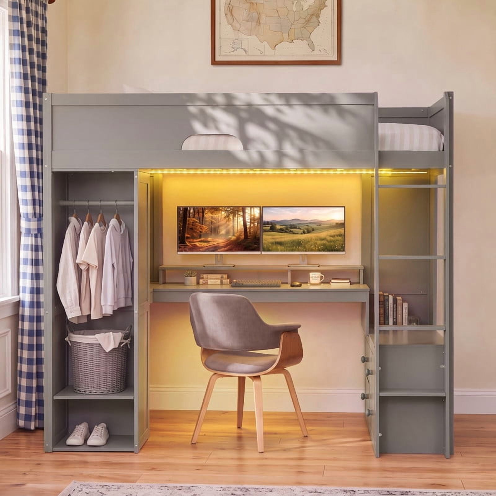 Twin Versatile Loft Bed with L-Shaped Desk, LED Light Strip & Charging Station, Storage Kids Bed Frame with Drawers & Wardrobe