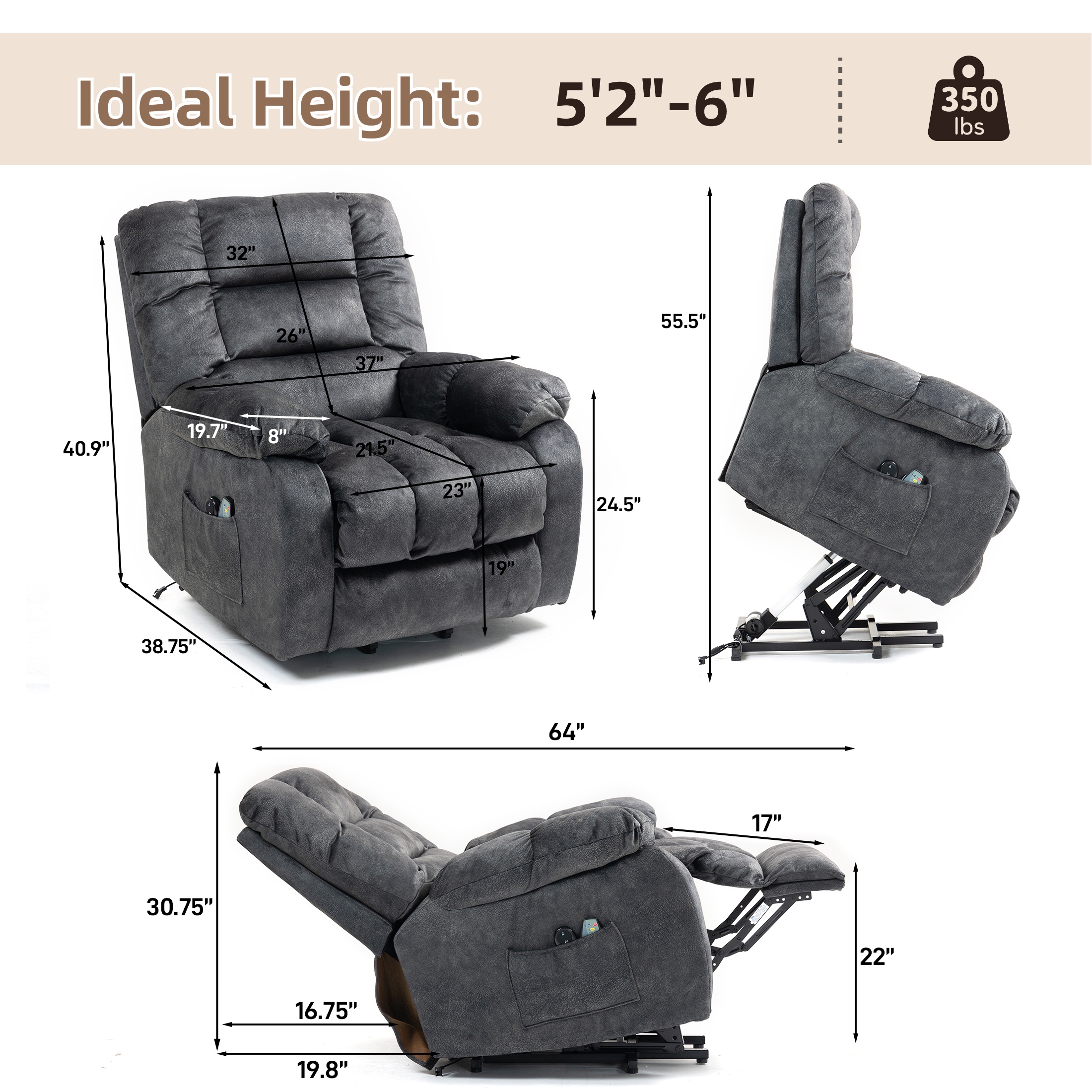 PAPROOS Recliner Chair, Electric Power Lift Recliner with Heat Therapy and Massage Function, Large Size Lift Chair with Remote and Side Pocket, Oversized Power Reclining Sofa, Gray Blue