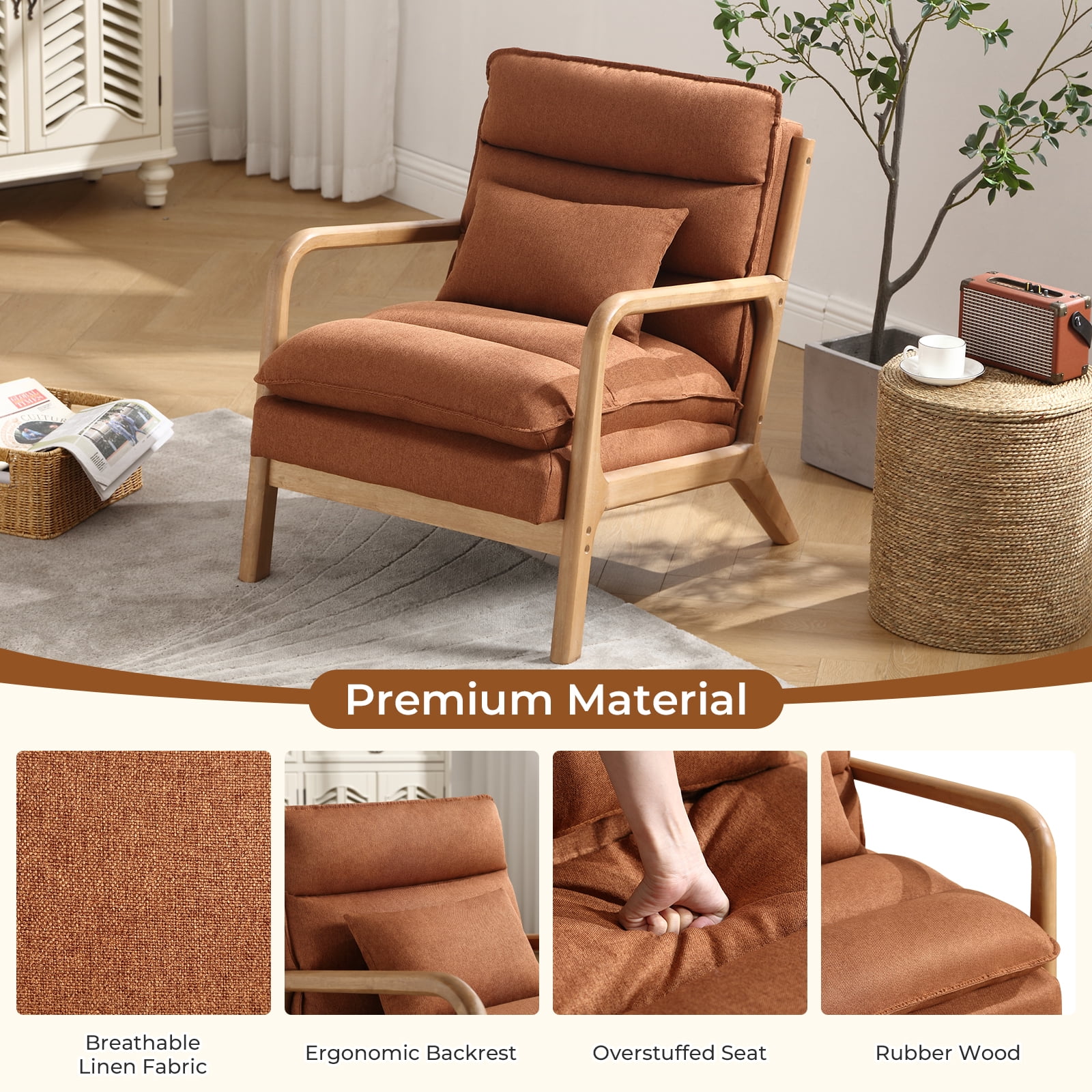 Ebello Mid Century Modern Accent Chair, Double-Padded Reading Armchair with Wood Frame & Lumbar Cushion for Living Room, Bedroom & Office, Brown