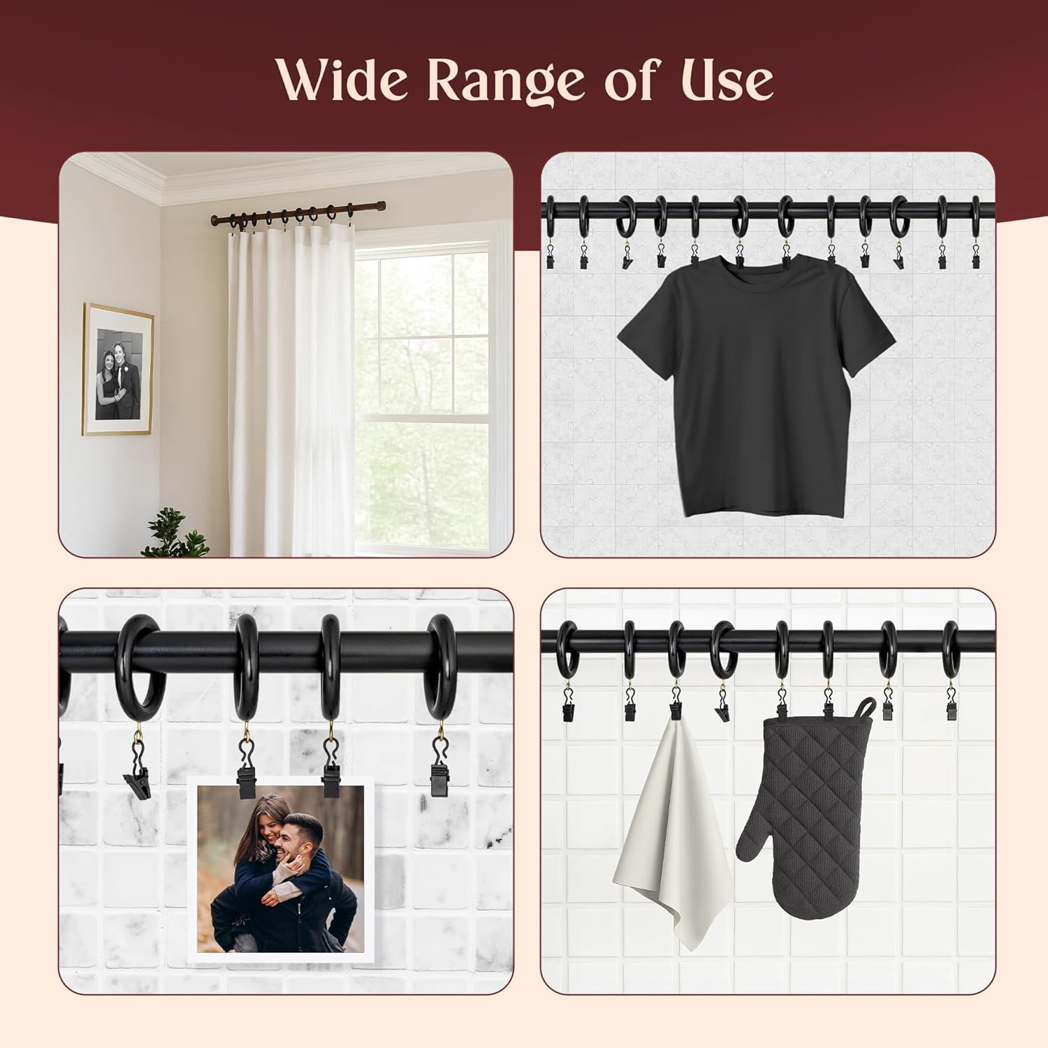 Black Curtain Clip Rings with Hooks – Polished Shower & Drapery Rings – 3 Inch Outer, 2.2 Inch Inner Diameter – Set of 12