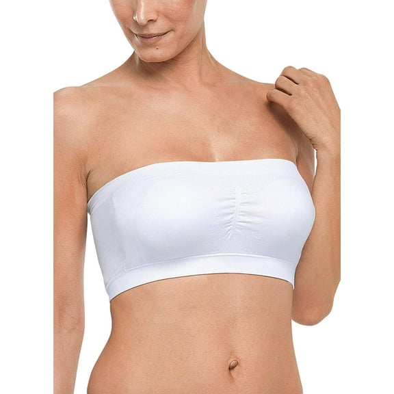 Women’s Seamless Bandeau Bra, Strapless Padded Tube Top Bra FREE Eyeglass Pouch (White, L)