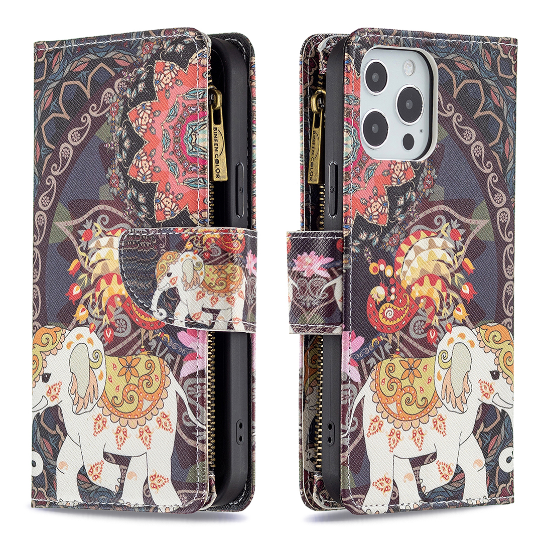 Wallet Case for iPhone 13 Pro Max, PU Leather Flip Folio Magnetic Closure  Slim Shell Dual Layer Heavy Duty Protective Bumper Card Holder Wrist Strap  for Apple iPhone 13 Pro Max,Ethnic Elephant -