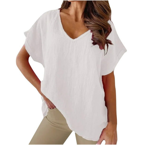 Summer Savings! EINCcm Womens Summer Tops, Women's Short Sleeve Tops V Neck  Solid Color Casual Shirts Loose Fit Basic Blouse, White, L, On Clearance!