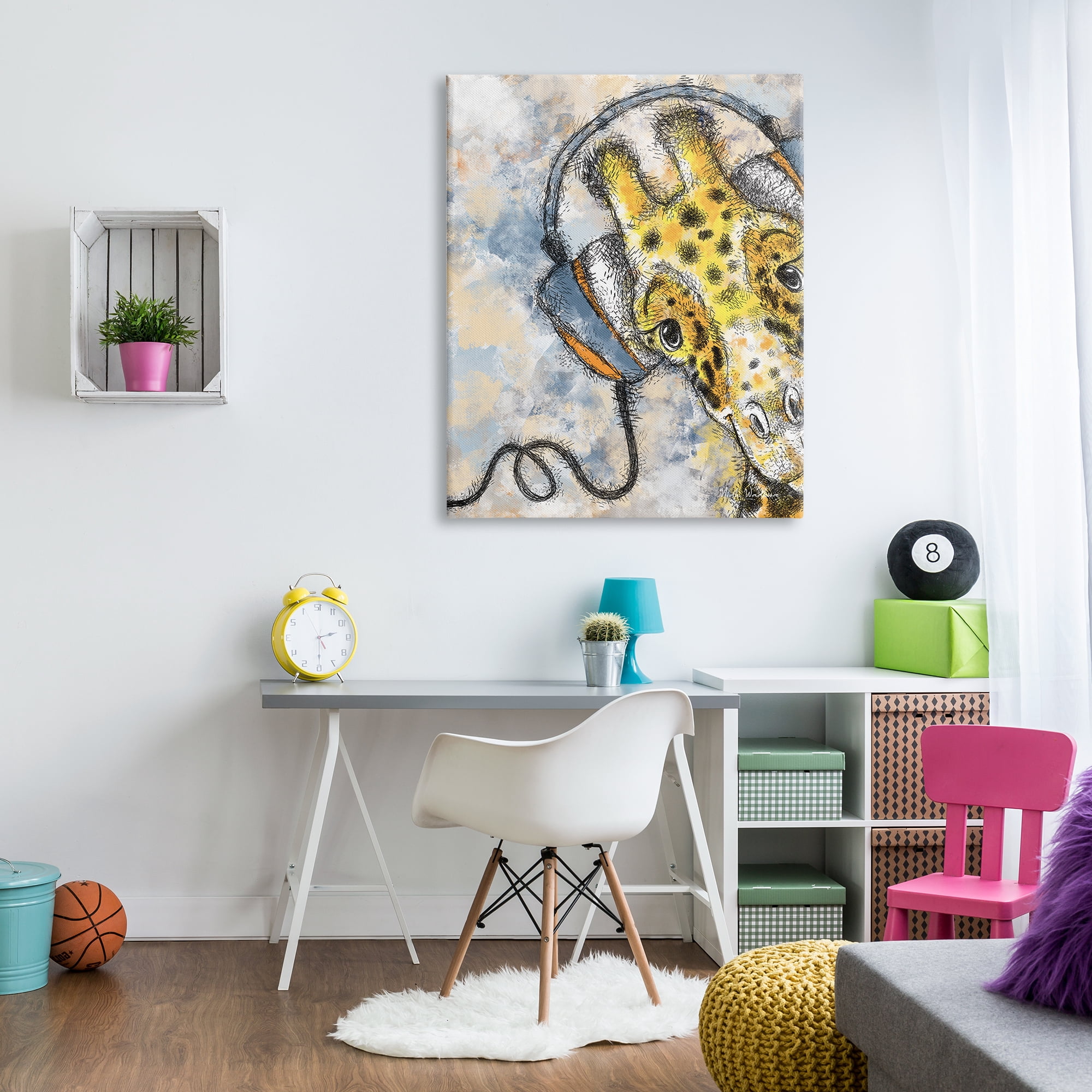 Stupell Industries Giraffe with Headphones Animals & Insects Painting Gallery Wrapped Canvas Print Wall Art, 36 x 48
