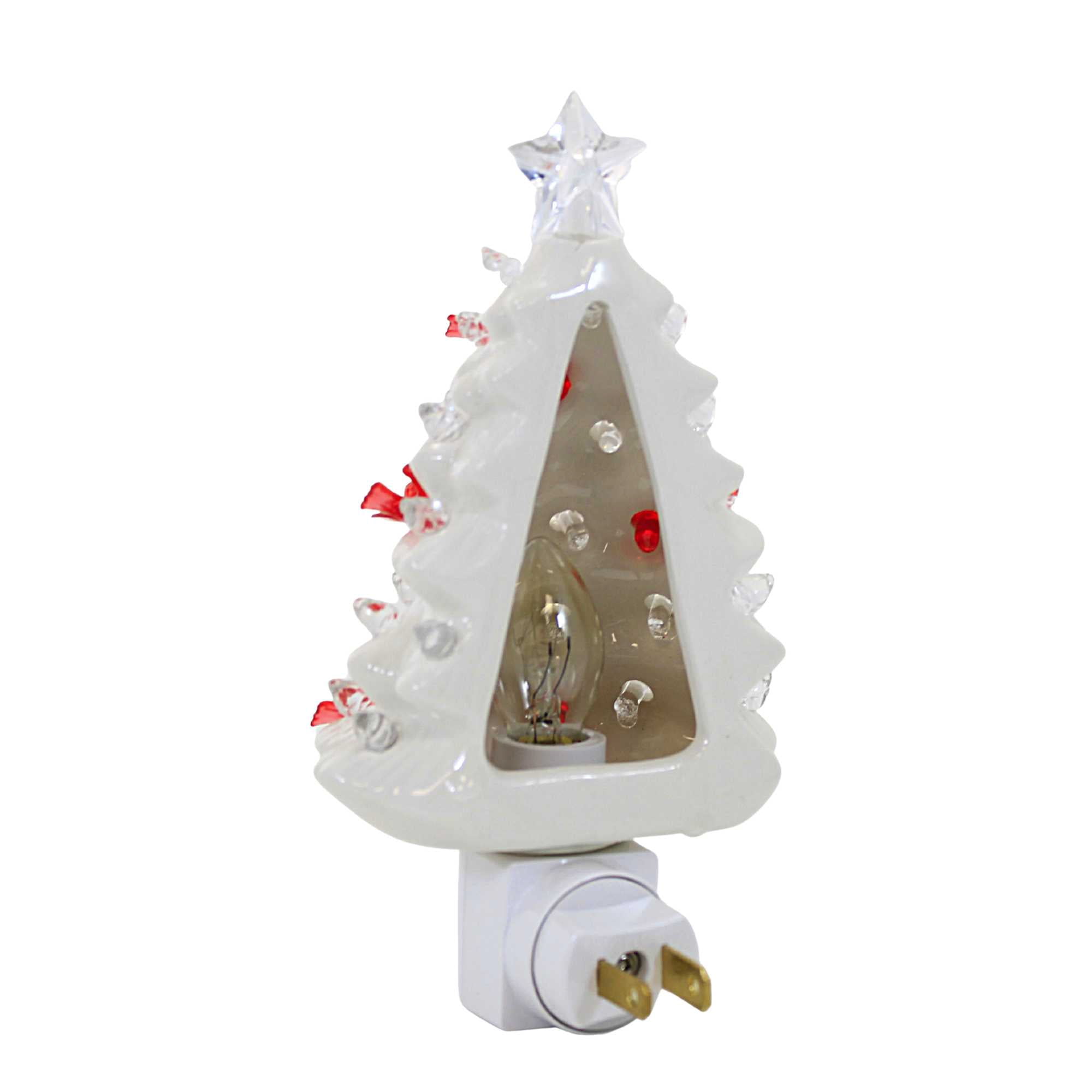 Roman 6.75In White Tree Night Light, Ceramic, Red Bird Cardinal Electric Plug-In 160321