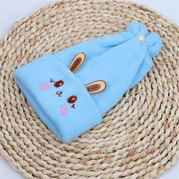 Baby's Rabbit Ear Knitted Hat, Double Layer Thick Winter Beanie for Newborn 0-6 Months, Warm Pleated Top Stretchy Cap for Baby Girls and Boys, Soft Ear Flap Winter Hat for Christmas and New Year Blue