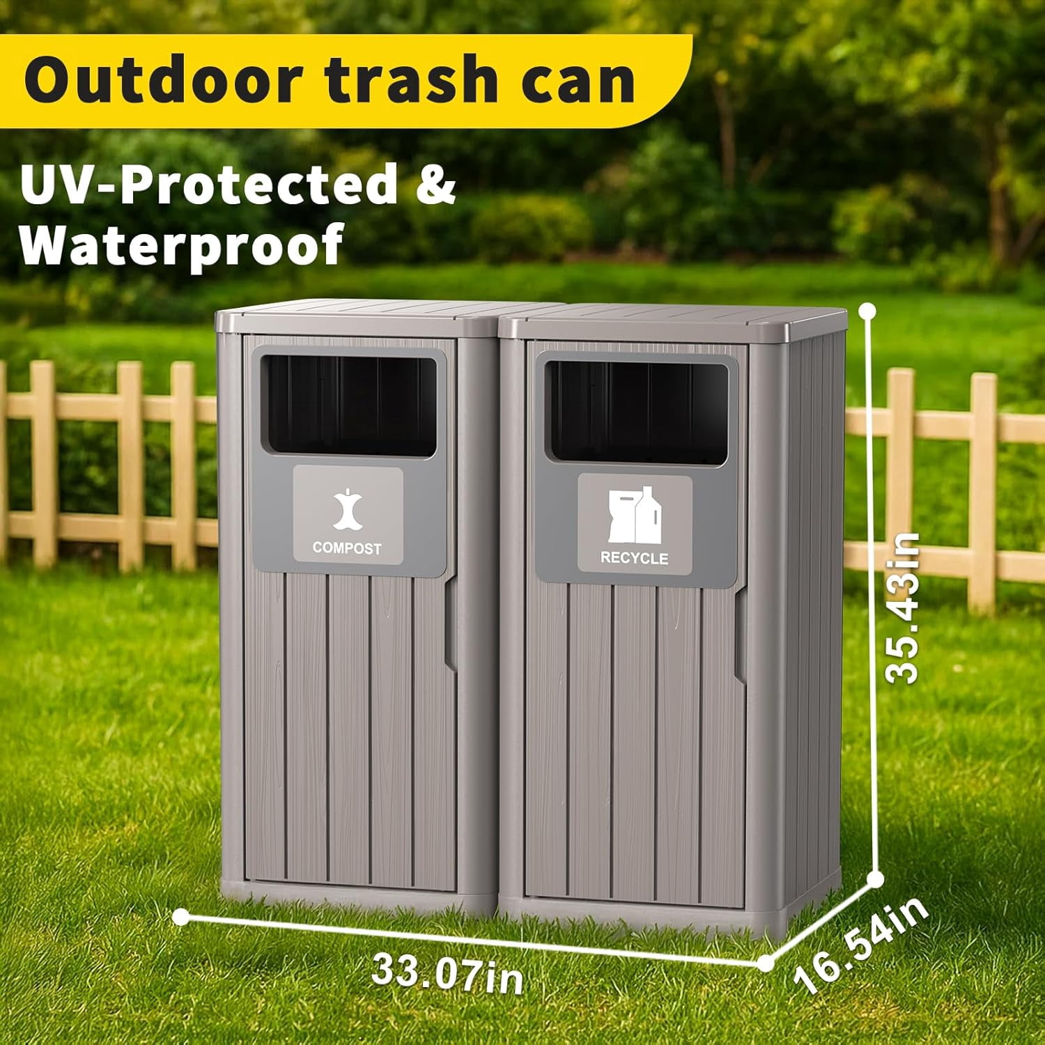 Outdoor Two Barrel Trash Can – Waterproof Resin Garbage Bin with Recycling Labels – Fits 30-39 Gallon Trash Bags, Durable Waste Bin for Porch, Backyard & Kitchen(33.07 * 16.54 * 35.43)