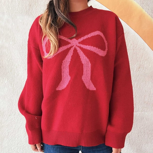 Ailaofu Womens Fall Winter Casual Sweater Cute Bow Crewneck Long Sleeve Baggy Knit Sweatshirt Top Trendy Aesthetic Clothes
