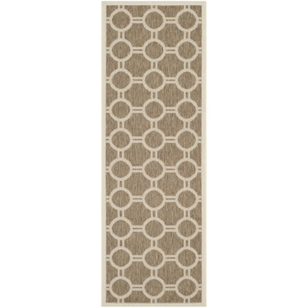 SAFAVIEH Courtyard Ariel Geometric Circle Indoor/Outdoor Runner Rug, 2'3" x 6'7", Brown/Bone