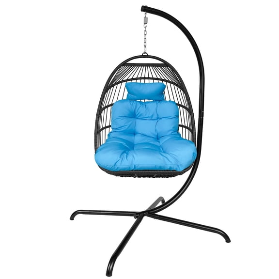 Foldable Swing Egg Chair with Stand Indoor Outdoor Wicker Rattan Patio Basket Hanging Foldable with Cushion Pillow and C Type Bracket for Kids Adult,350lbs Capaticy Blue