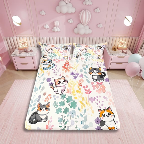 Cute Colorful Cat Twin Bed Sheets Set,Rainbow Flower Cat Kawaii Bedding Set Pet Lover Gifts for Kids Girls Boys,Watercolor Floral Leaf Sheets Animal Fitted Sheet Set 3Pcs