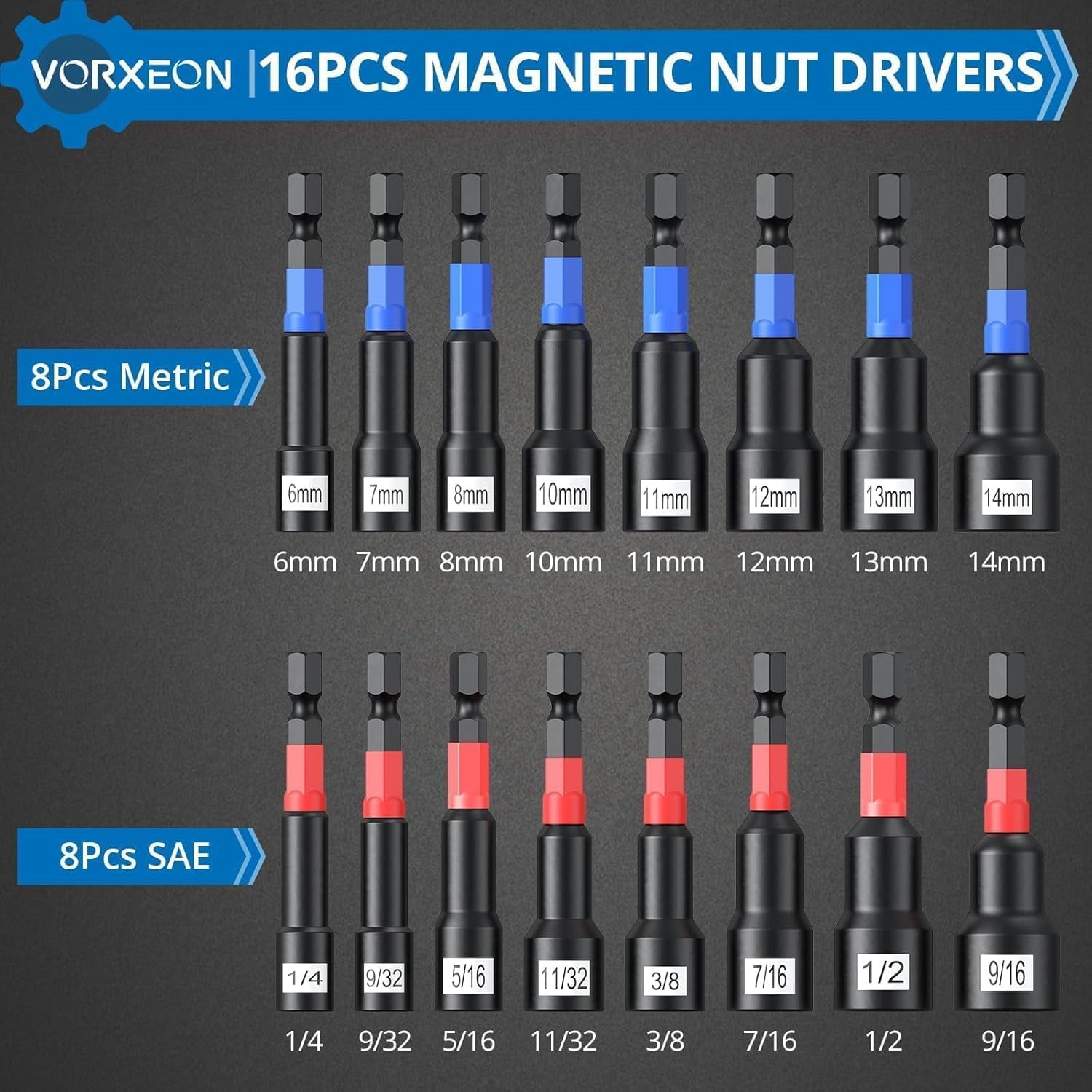 Magnetic Nut Driver Set Metric and SAE Length 65 mm, 23 PCS Impact Drill Driver Bit Set With Socket And Wrenche Adapters, Quick Release Extention, 6 mm to 14 mm And 1/4" to 9/16 "