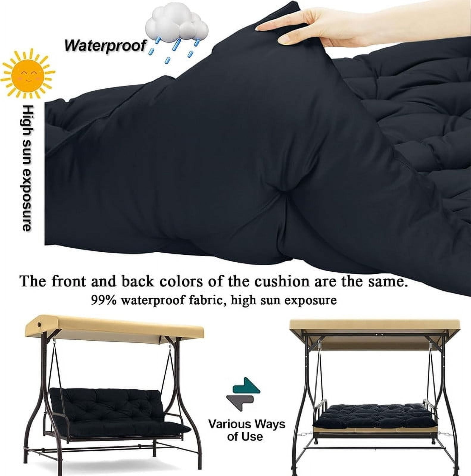 Replacement Cushions for Swing, Waterproof Porch Swing Cushion, 2-3 Seat Outdoor Bench Cushion with Backrest for Patio Furniture Garden Porch Loveseat Glider Pad (Black 70*40in)