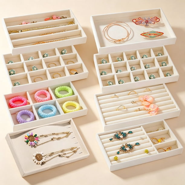 Caja de Almacenamiento de Joyería, Bandeja de Joyería de Terciopelo, Multifuncionales Caja Para Cajones, Bandejas Apilables, Para Collares, Aretes, Pulseras, Anillos