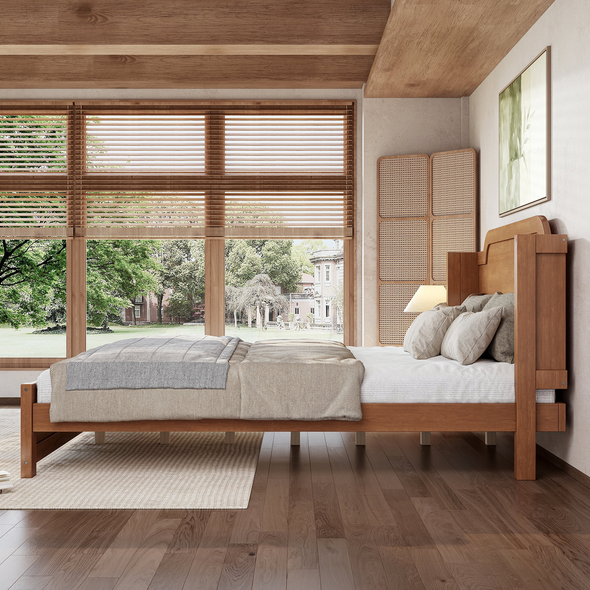 GARITIN Queen Solid Wood Platform Bed with Headboard, Natural Finish & Minimalist Design, Easy Assembly, No Box Spring Needed Traditional Wood Bed Frame, Natural