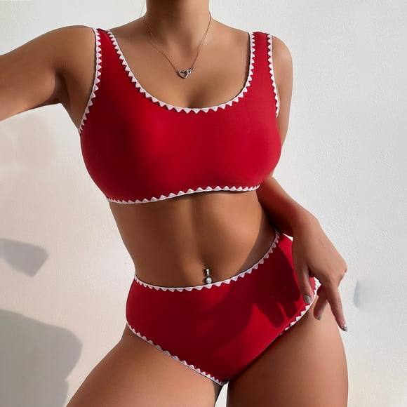snowsong Swim Suits Bikini Sets Women Soild Print Bikinis Swimsuit Sexy High Waist Bikini Set Two Pieces Beach Bathing Suit Swimwear Bathing Suit Micro Bikini High Waisted Bikini Red L