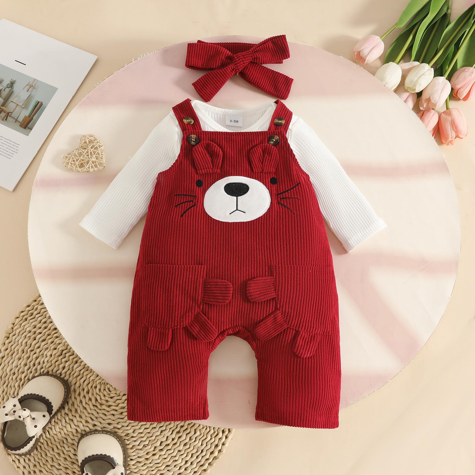 THDHVS Newborn Girl Outfits,Girls' Clothing Sets,Bear Embroidered Overalls Set with Ribbed Bodysuit and Headband for Baby Girl Cozy Outfit 3-6 Months