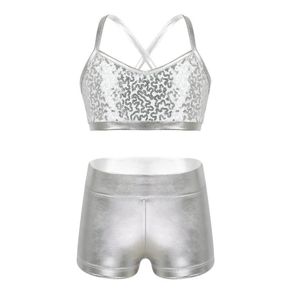YEAHDOR Kids Girls 2 Piece Ballet Active Outfit Shiny Dance Gymnastics Tank Top with Booty Shorts