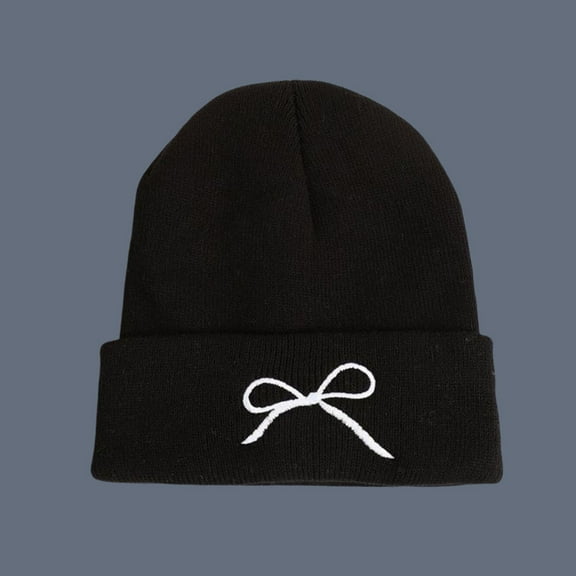 absanyy Women's Winter Beanie with Bow Embroidery -Trendy Stretchy Knit, Size M, Black - Cute Fall Cold Weather Hat