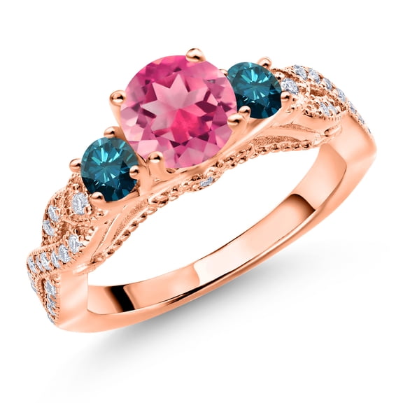Gem Stone King 18K Rose Gold Plated Silver Pink Mystic Topaz Blue Diamond and White Moissanite Engagement Ring for Women (1.97 Cttw, Gemstone, Round 6MM and 3MM, Size 5)