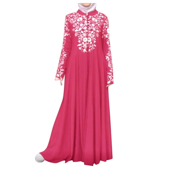 LYXSSBYX Hot Pink Dress for Women Fashion Women Muslim Dress Islamic Lace Stitching Long Sleeve Maxi Dress