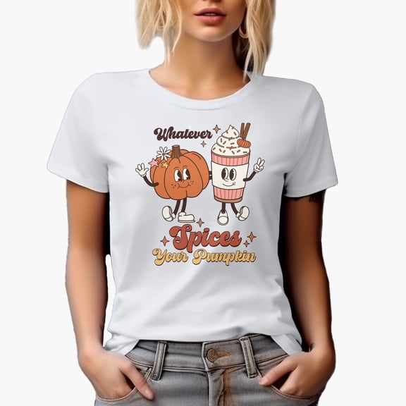 Whatever Spices Your Pumkin, Retro Autumn or Fall Art Merch Gift, White T-Shirt, Small