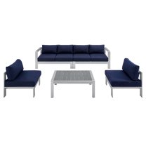 Modway Shore Sunbrella® Fabric Outdoor Patio Aluminum 5 Piece Sectional Sofa Set in Silver Navy