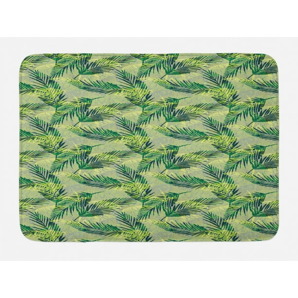Palm Leaf Bath Mat, Jungle Rainforest Pattern Hand Drawn Green Foliage