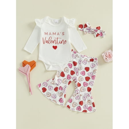 

Mama s sunshine Baby Girls 3PCS Pants Sets Flying Sleeve O Neck Romper Heart Print Pants Headband Sets