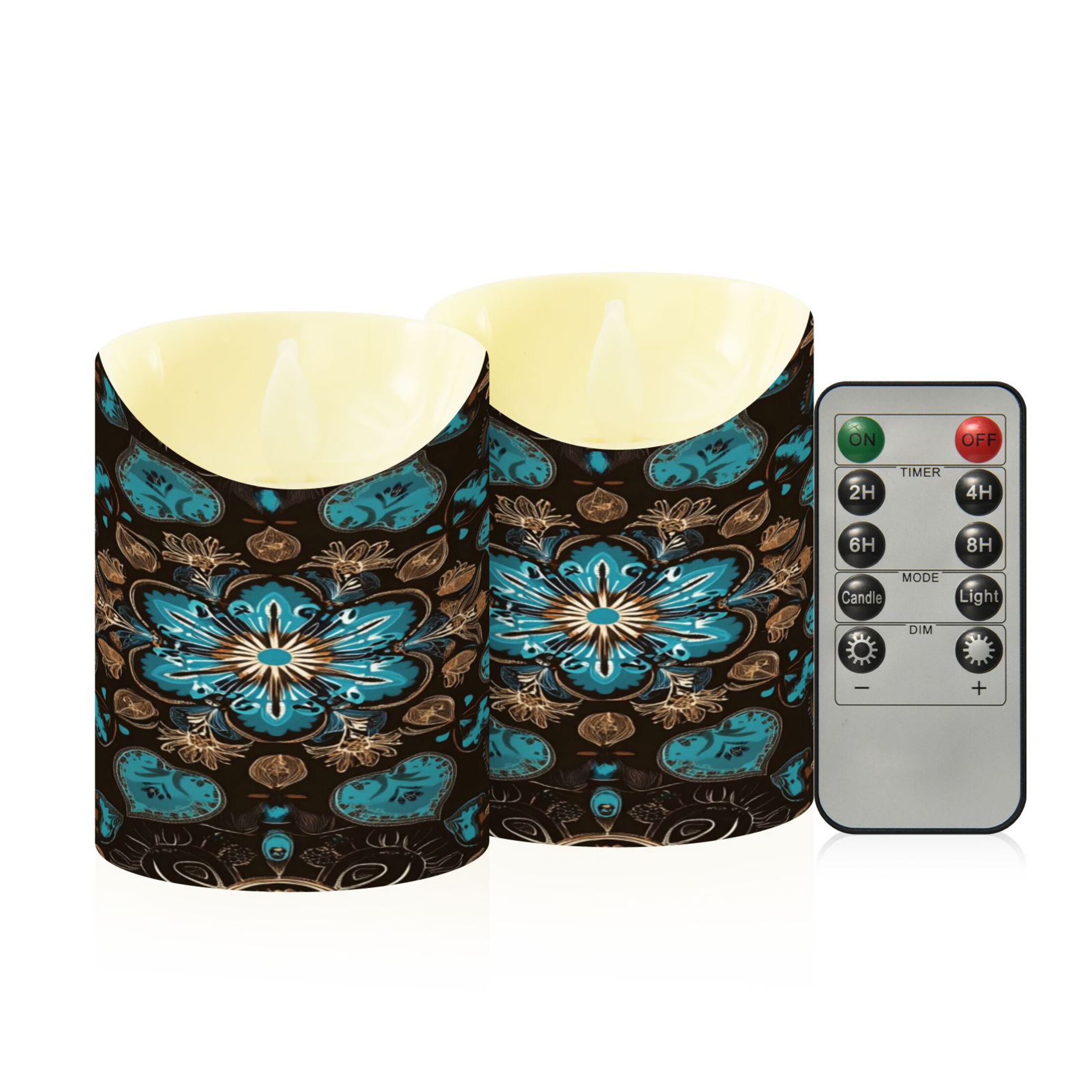 Wobogo Turquoise Mandalas Flameless Candles with Remote Battery Operated Flickering LED Candles with Timer 2/4/6/8H Medium Size