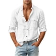 thumbnail image 2 of IROINNID Men Textured Slub Linen Blend Turn Down Collar Button Front Long Sleeve Shirt Single Chest Pocket Roll Tab Cuff Regular Fit Casual Daily Vacation Top(White,L), 2 of 8