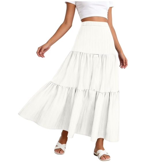 Qiopertar Women Casual Elastic Waist Ruffled Ankle Length Skirt Solid Color Midi Skirt Fashion Boho A-Line Skirts for Spring Summer Vacation Beach Party, White S