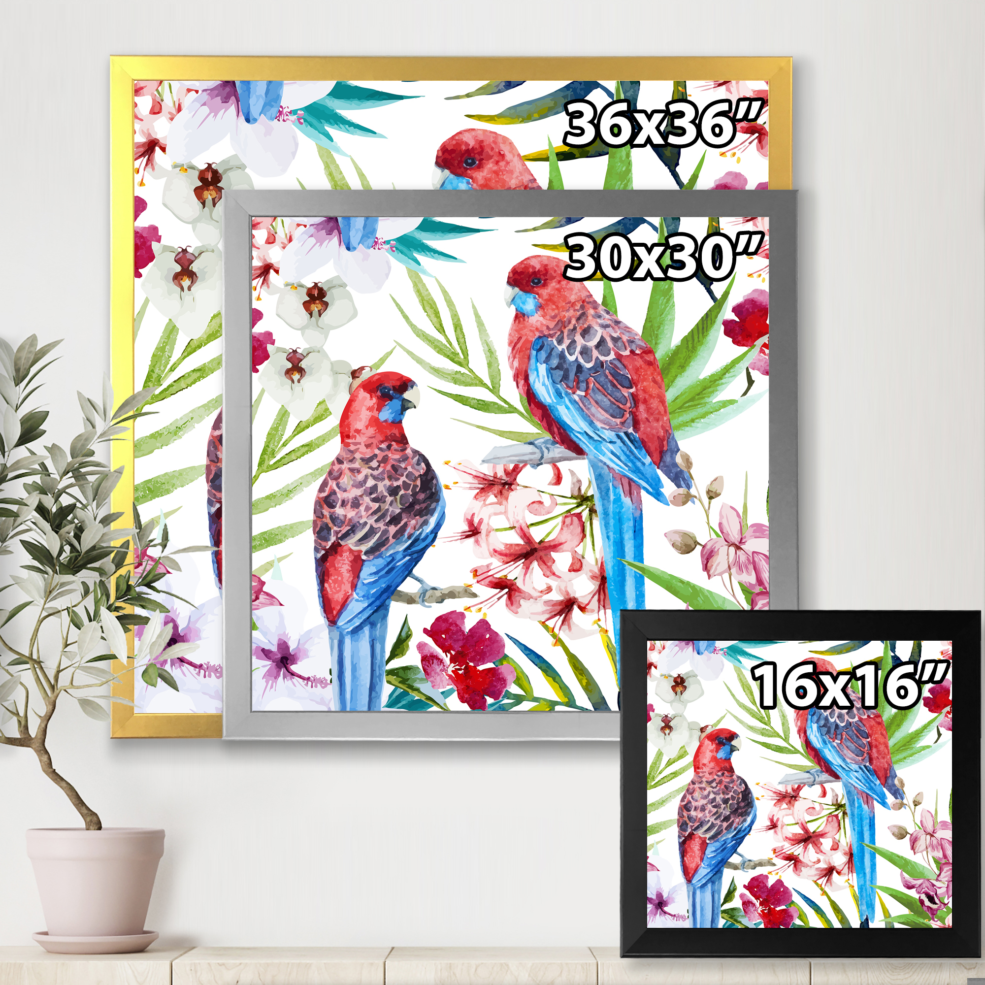 Designart 'Rosella Birds Sitting On Flowers Tree Branch' Traditional Framed Art Print