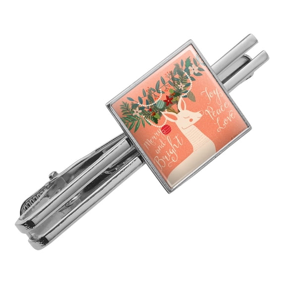 Christmas Deer Merry Bright Joy Peace Love Square Tie Bar Clip Clasp Tack- Silver or Gold