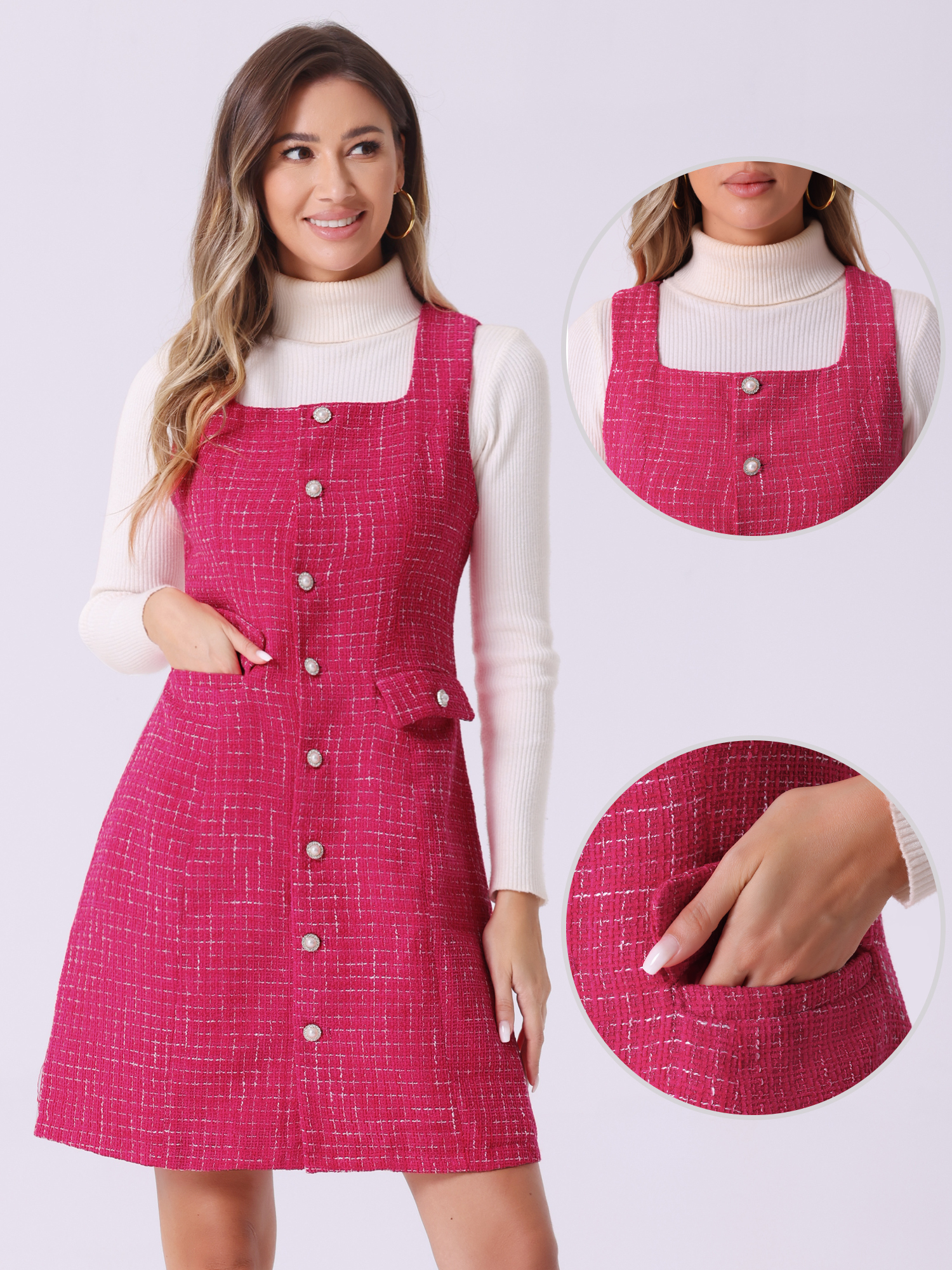DARING DIVA Women's Tweed Square Neck A Line Pinafore Dresses XL Hot Pink