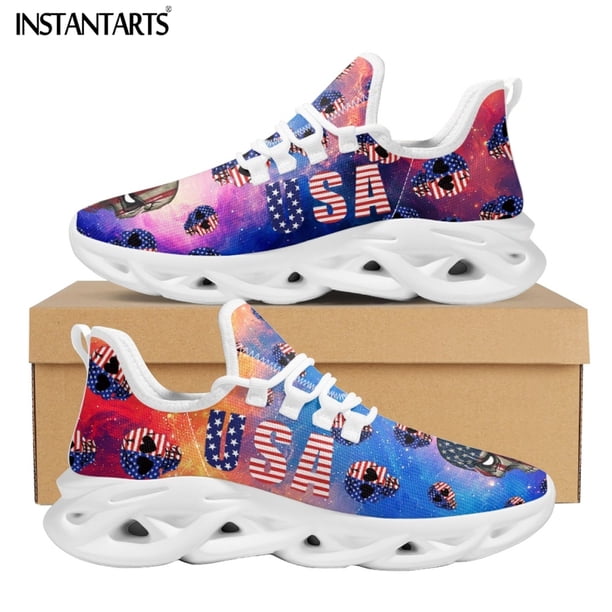 Zapatillas de deporte unisex con cordones y diseño de calavera y bandera estadounidense, de tendencia, para mujer, calzado transpirable para caminar