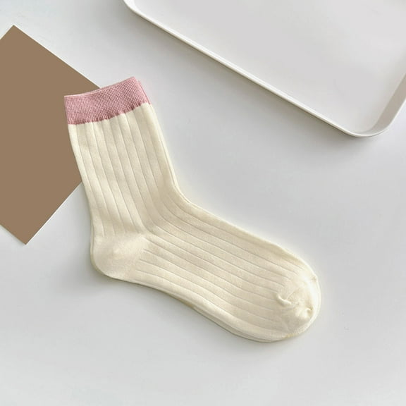 Gymayou Women Color‑Block Crew Socks Thin Breathable Summer Cotton Contrast Cuff Casual Socks Beige One Size