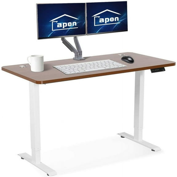 Electric Standing Desk, 55 x 28 Inches Height Adjustable Dual Motor Stand up Desk Workstation, Full Sit Stand Home Office Table, Whole-Piece Desk Board (White Frame/Brown Walnut Top)