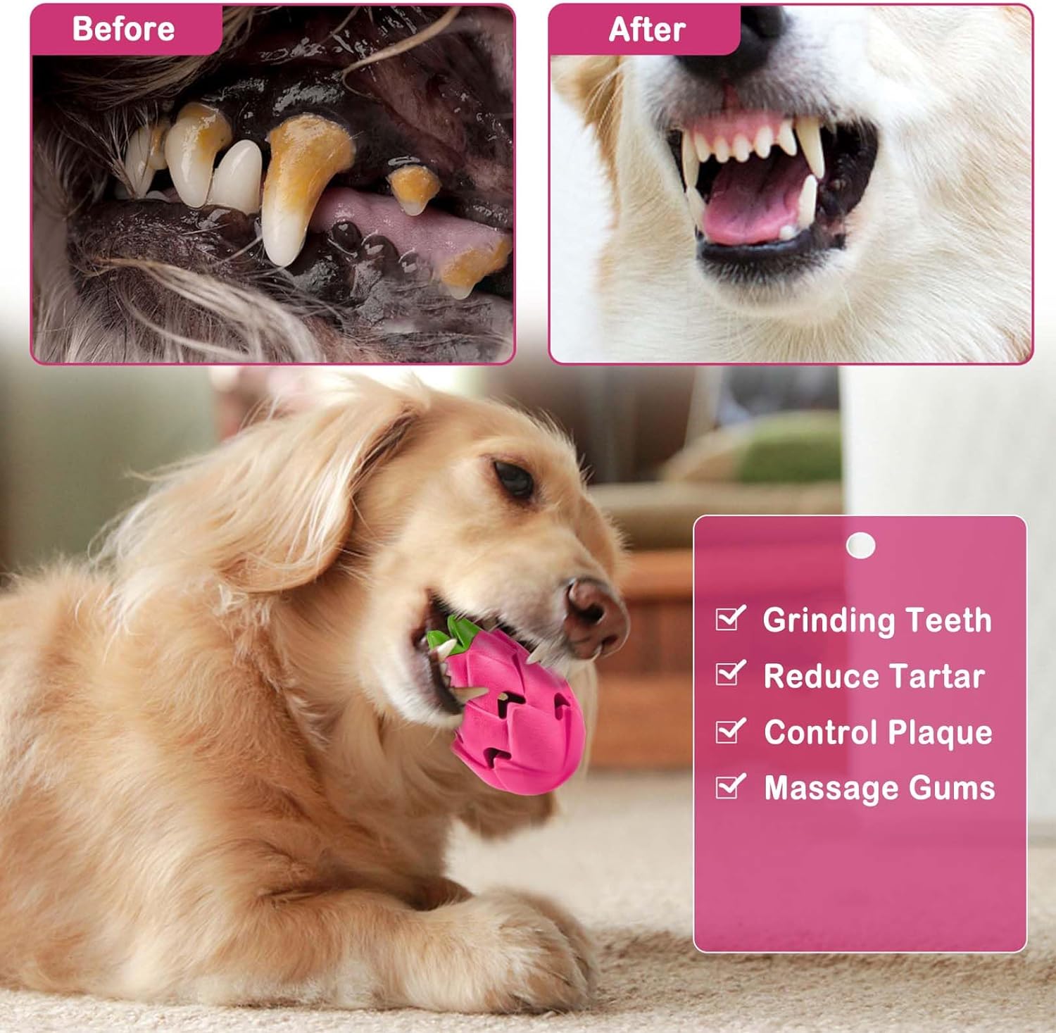 Dog Treat Dispensing Toys, Dispensing Puzzle Toy for Aggressive Chewers, Rubber Treat Dispenser, Interactive Stimulation Dog Food Toys, Pitaya Shape
