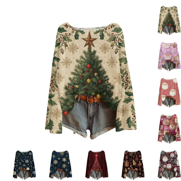 Women's Round Neck Lightweight Sweater Casual Long Sleeve Christmas Print Knit Pullover for Fall and Winter, Cozy and Festive, Ideal as Christmas Sweaters for Women and Christmas Gifts,Dark Blue,L