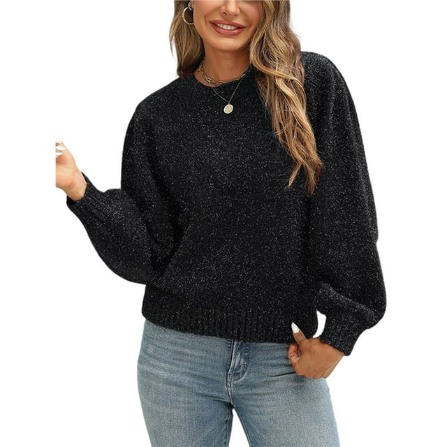 Suéter de Punto de Cuello Redondo para Mujer, Larga, con Lazo en la Espalda Negro M