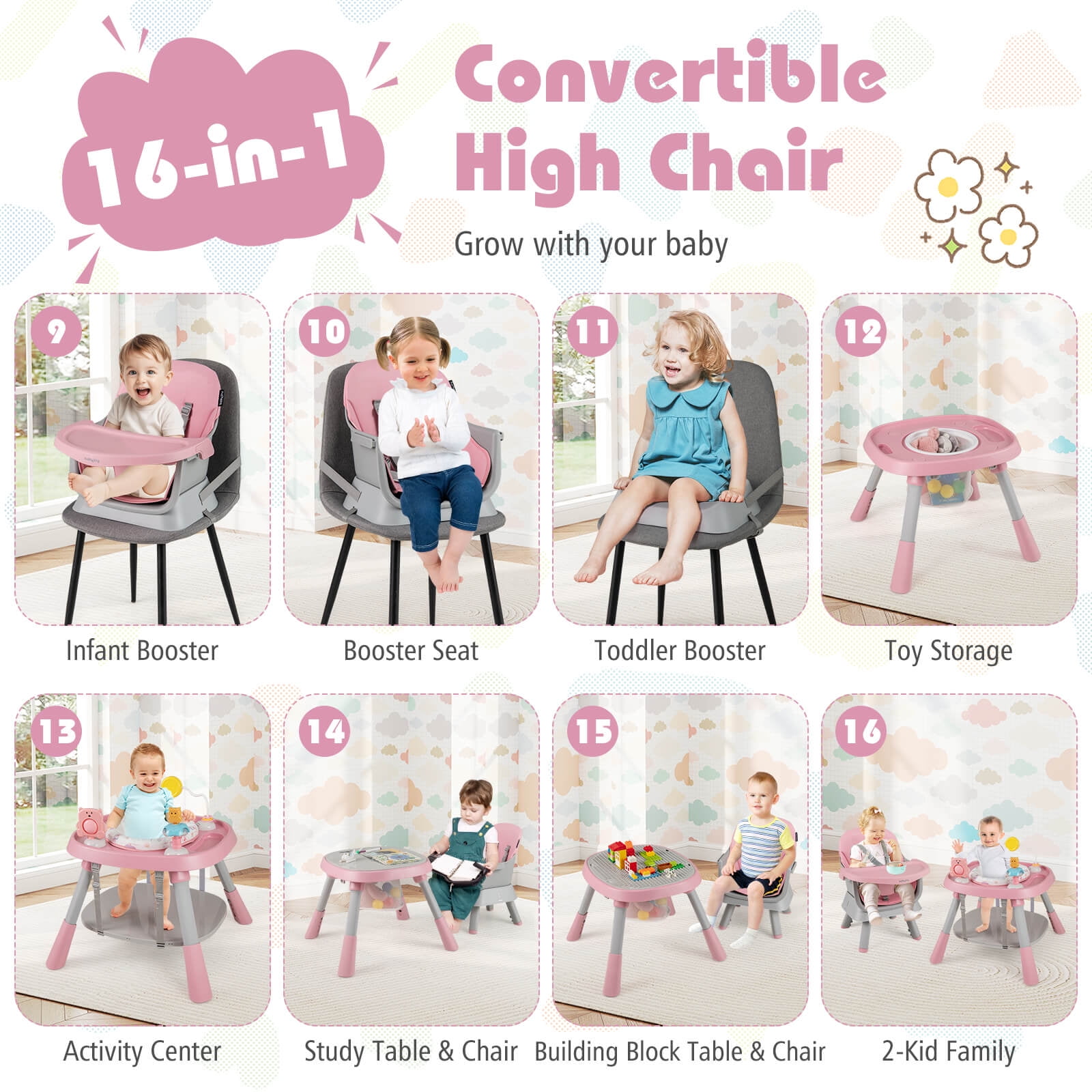 Infans 16-in-1 Baby High Chair with Activity Center Booster Seat Building Block Table