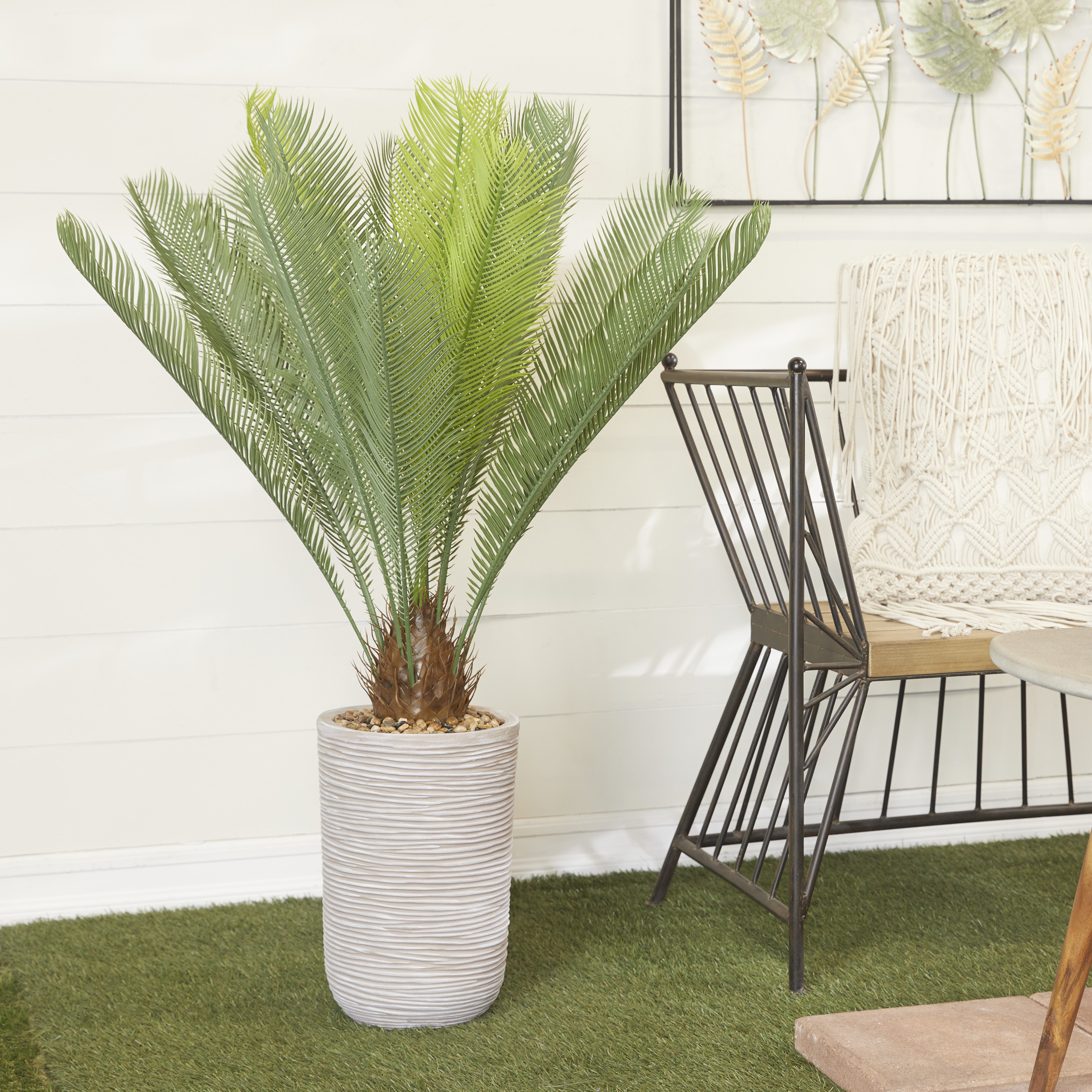 DecMode 45" Artificial Sago Palm Plant in Realistic Leaves and Beige Ceramic Pot