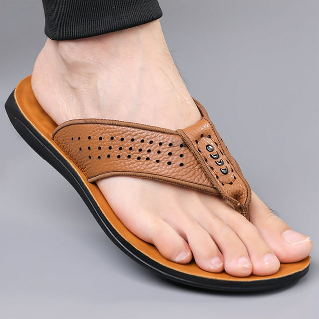 Wensltd Men's Flip Fliops Fashion Casual Soft Leather Spring and Summer Breathable Beach Sandals