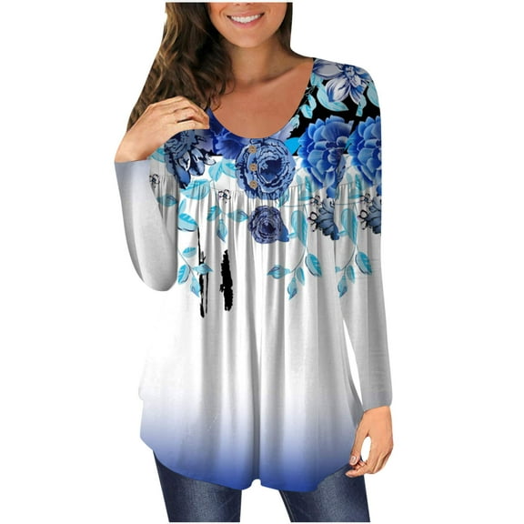 Abcnature Women Casual O-Neck Printing Long Sleeve Buttons Blouse T-shirt Tops Plus Size Tops for Ladies Autumn Winter Casual Loose Tunic Blouse Sky Blue S