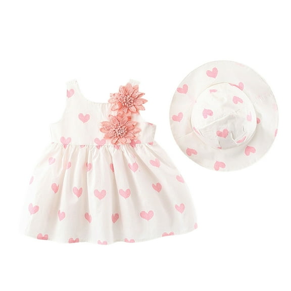 Mercatoo Summer Beach Set Outfit Dress Hat Baby Princess Girls Little Heart Print Sleeveless Flower Kids Girls